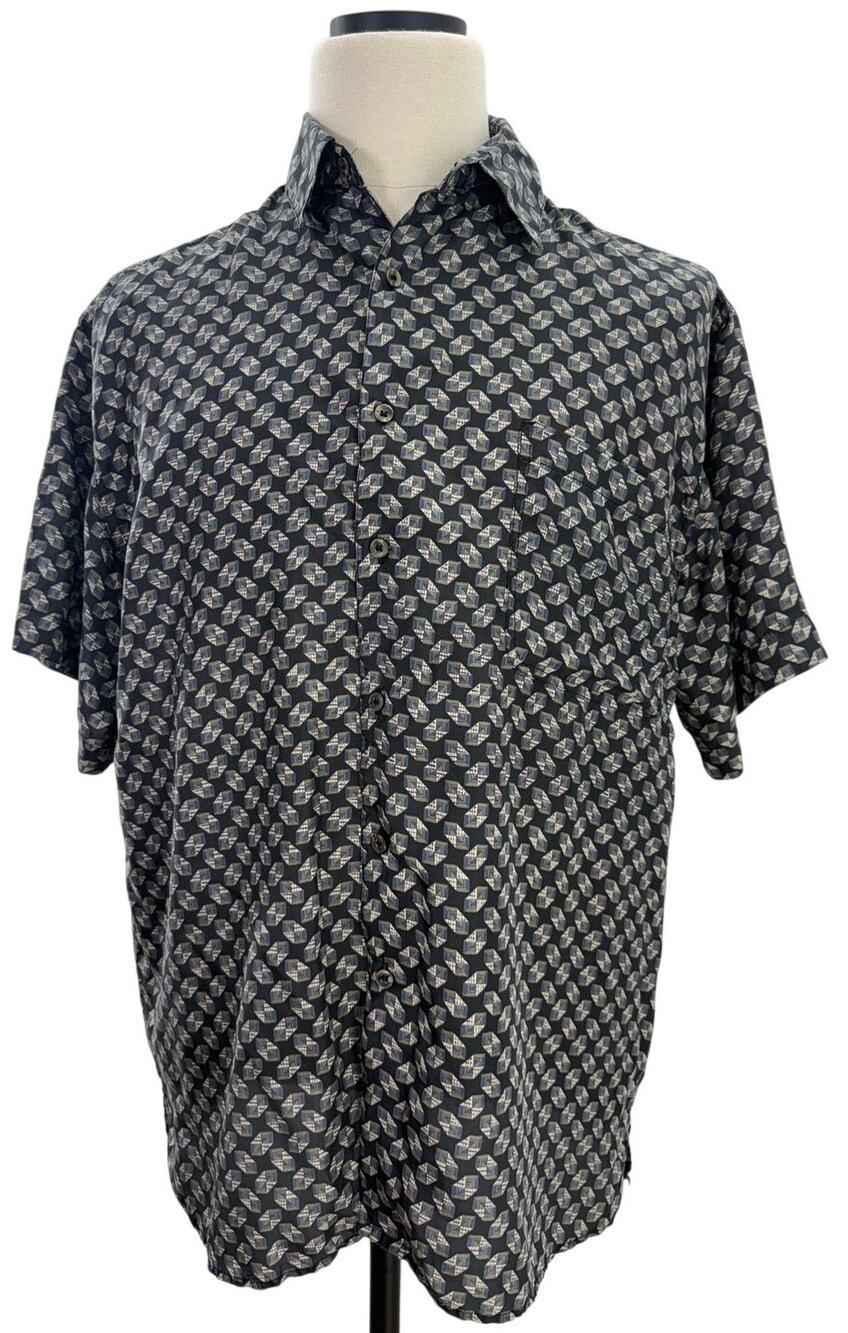 Vintage 90s Cezar Silk Shirt Men's Large Black Geometric Short Sleeve Button Up